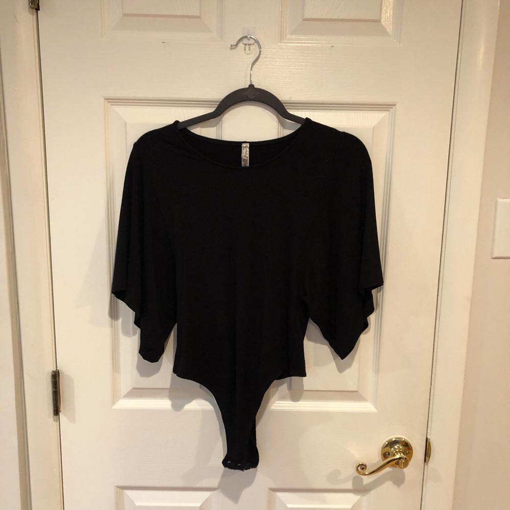 Free People Flutter Sleeve Black Bodysuit